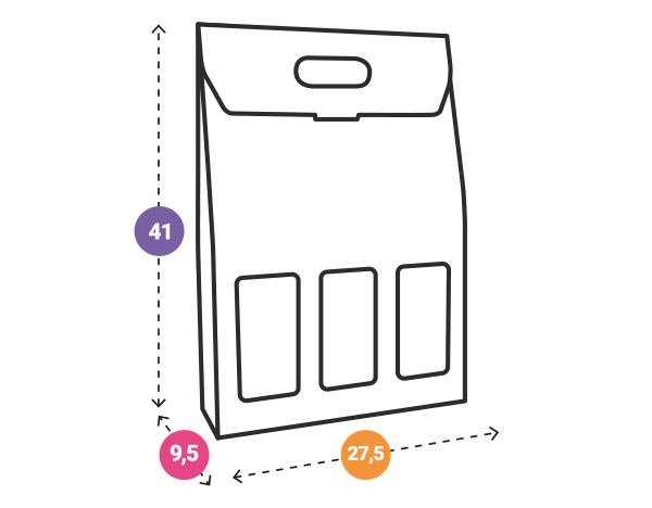Scatola 3 bottiglie con maniglia e finestre